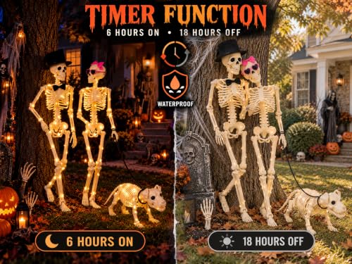 Halloween Skeleton Decorations Set with 2 Life-Size Skeletons & Dog - Weather-Resistant, Fully Poseable, with Lighting Modes