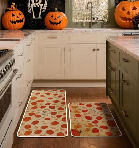 Halloween Kitchen Mat Set of 2 - Pumpkin Fall Design, 17x29 & 17x47 Inches - Orange Variation