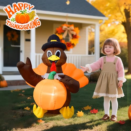 4FT Thanksgiving Turkey Inflatable - Outdoor Yard Holiday Decoration with LED Lights