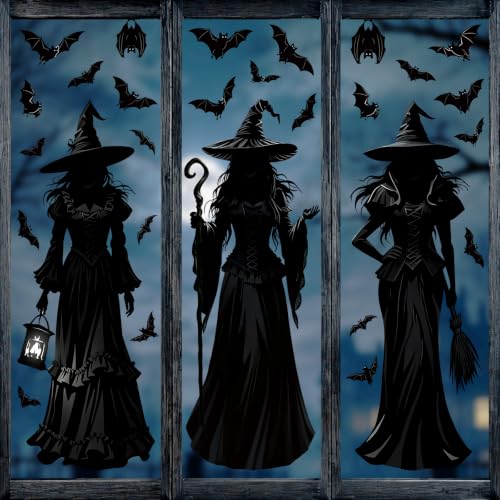 Large Black Witch Window Cling Stickers - Halloween Decoration, 6 Sheets - Variation: Large Black Witches