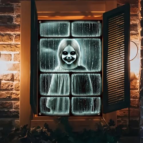 Halloween Ghost Window Cover - Rainy Scene, 31x47 Inch Polyester Decor