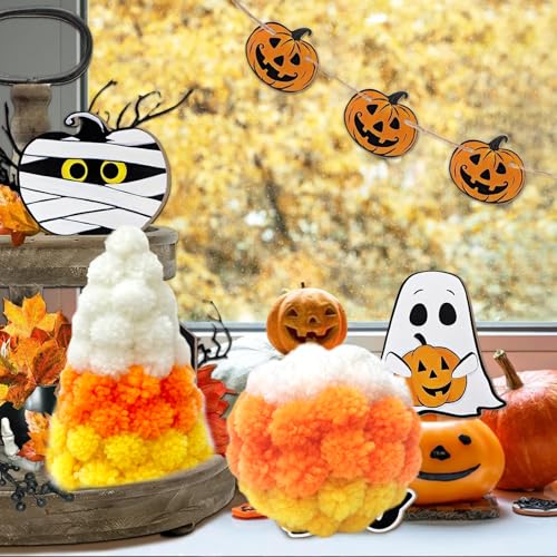 Halloween Candy Corn Decor Set - Mini Yarn Trees & Fall Table Centerpieces