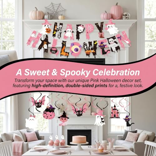 Pink Halloween Ghost Decorations Set – Hanging Swirls & Banners for Girls Parties