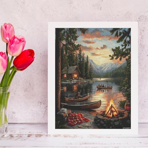 Sunset Lake Cabin Canvas Wall Art for Living Room & Bedroom - 12x16 Inch Unframed