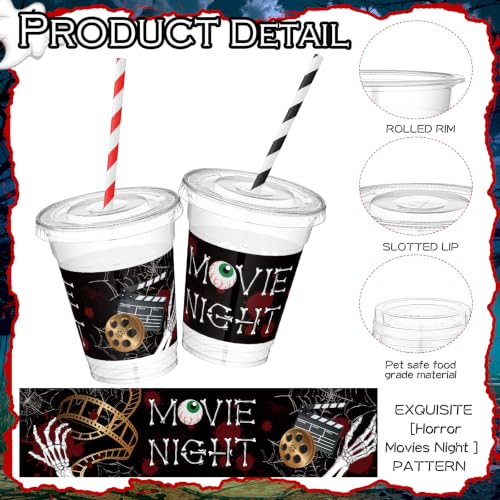 Horror Movie Night Plastic Cups with Lids & Straws - Black & Red Variation