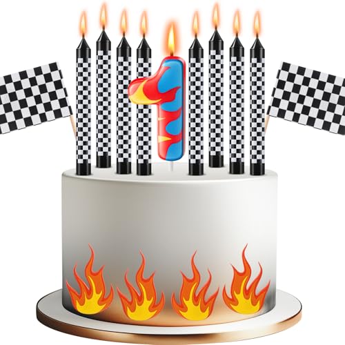 Race Car Birthday Number 1 Candle & Checkered Cake Topper Set - Racing Theme