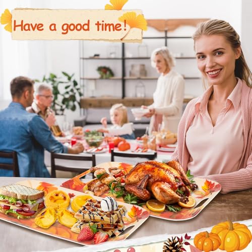 Fall Thanksgiving Serving Trays Set - 2 Large Melamine Pumpkin Leaf Platters with Handles