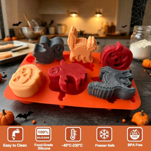 Halloween Silicone Mold Set with Ghost Pumpkin Black Cat - 6 Cavities, Food-Grade, Reusable