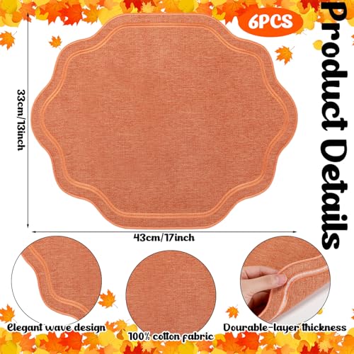 Cotton Fall Thanksgiving Placemats Set of 6 - Elegant Orange Scalloped Table Mats