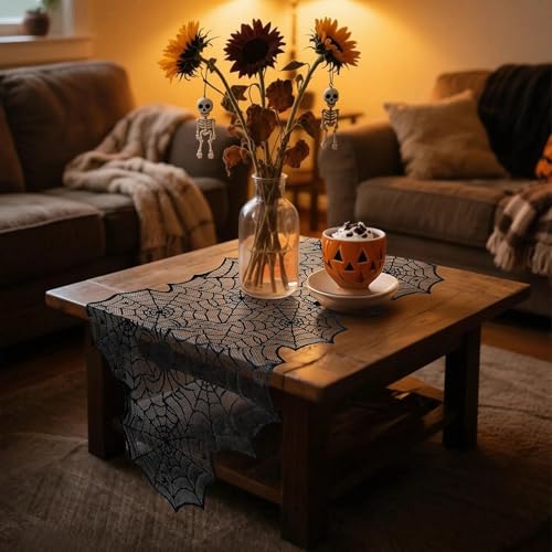 Halloween Spider Web Table Runner Black Lace Polyester Spooky Decor