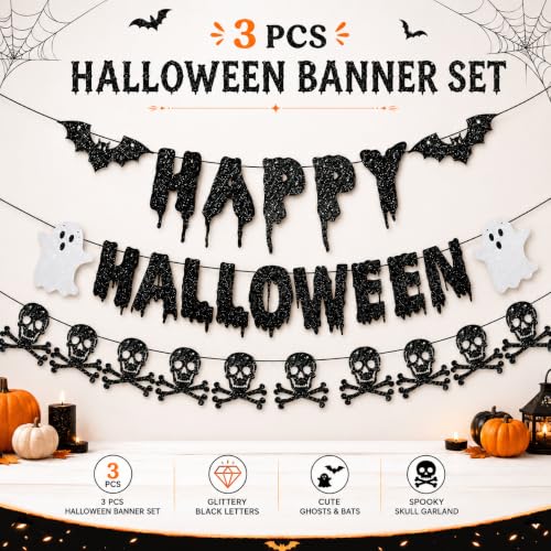 Halloween Banner Decorations with Bat Ghost Skull Glitter Pre-Strung Party Supplies