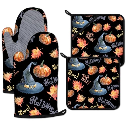 Halloween Pumpkin Autumn Maple Leaf Oven Mitts and Pot Holders Set - Heat Resistant Kitchen Baking & Grilling 4Pcs
