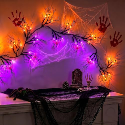 6FT Halloween Willow Vine Garland with 48 LED Bat & Pumpkin Lights - Remote & Timer