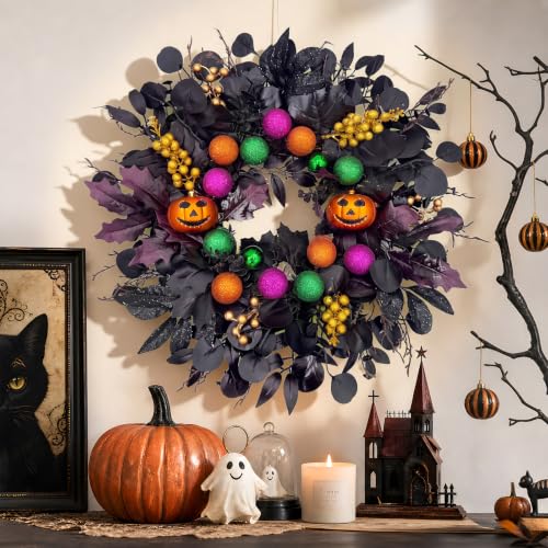24-Inch Halloween Front Door Wreath with Pumpkins & Eucalyptus Decor