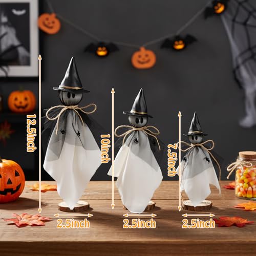 Halloween Ghost Decorations Set of 3 Rustic Wooden Tabletop Figures with Witch Hats