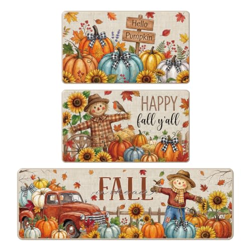 Hello Fall Autumn Scarecrow Kitchen Mat Set of 3 - Farmhouse Style Rug