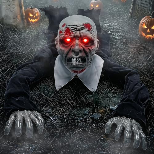 Gray Halloween Decor Outdoor Scary Crawling Zombie with Light-Up Red Eyes - 52IN