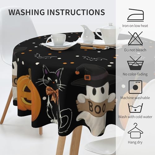 Black Halloween Round Tablecloth 60 Inch Spooky Pumpkin Ghost Cat Design Waterproof