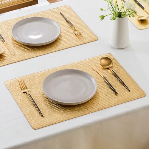 Faux Leather Placemats Set of 8 - Waterproof & Easy-Clean Gold Table Mats