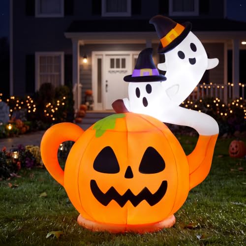 Halloween Inflatable Pumpkin Teapot with Ghosts, Lighted Yard Decor, 5ft Tall