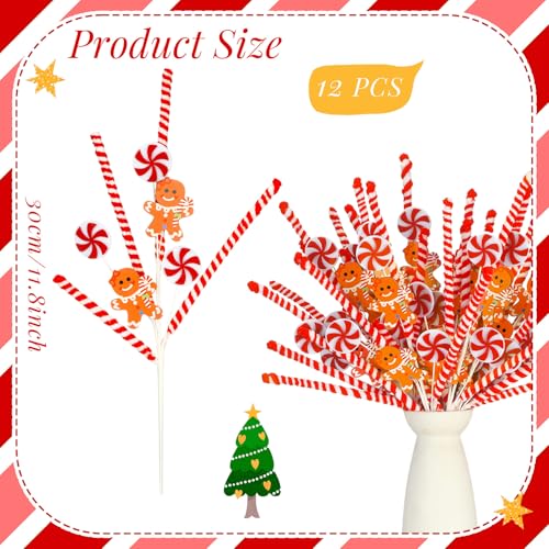 12 Pcs Gingerbread Candy Cane Christmas Tree Picks - Gingerbread Man Variation