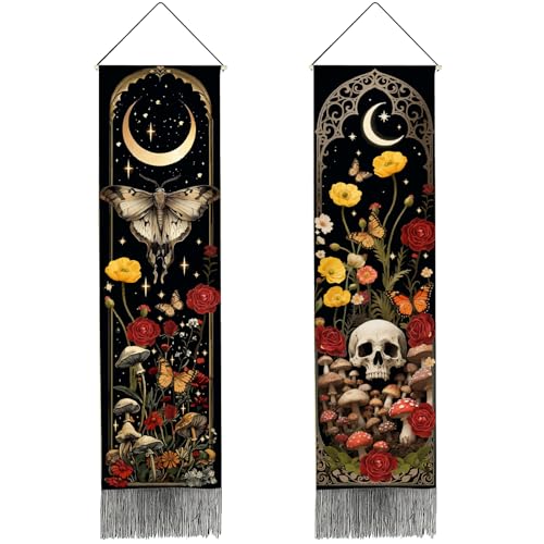 Witchy Gothic Moth Skull Tapestry Wall Hanging - 51x13 Inch, Mysterious Bedroom Decor