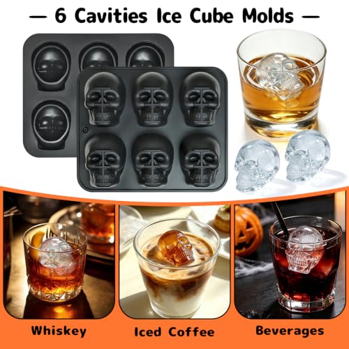 3D Skull Ice Cube Molds - Black, 2-Pack Large Silicone Halloween Trays