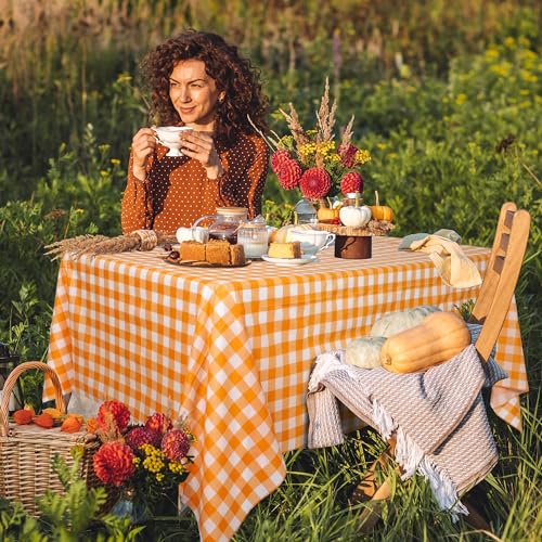 Orange Checkered Plastic Tablecloth Roll - 54x300 Ft Waterproof Disposable with Easy Cut for Outdoor & Party Use - Classic Variation