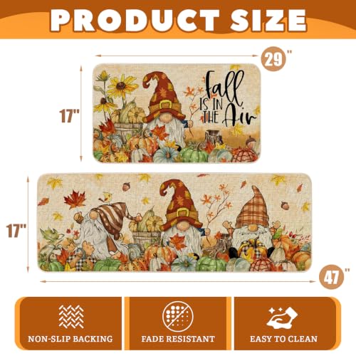 Fall Gnome Kitchen Rugs Set of 2 - 17x29 & 17x47 Inch Autumn Decor