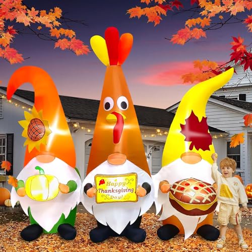 Thanksgiving Inflatable Gnome with LED Lights - Fall Yard Decoration, 7FT - Thanksgiving Day Outdoor Decor - Variation of Thanksgiving Three Gnome