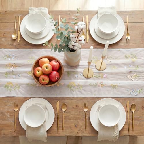 3PC White Gauze Embroidery Table Runner Set - 28 x 120 Inches, Spring Home Decor