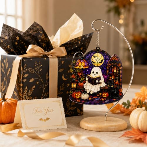 Ghost Reading Halloween Desk Ornament - Spooky Cute Ghost Decor with Stand, Indoor Holiday Gift