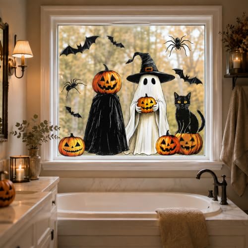 Halloween Window Clings Decor Set - Ghost, Pumpkin, Bat, Black Cat