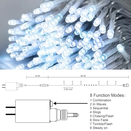 Outdoor Indoor LED String Lights 98.5Ft White Christmas Fairy Lights with 8 Modes