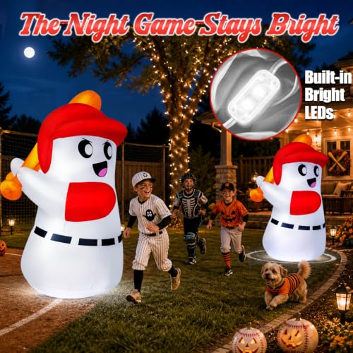 5ft Halloween Inflatable Ghost with Baseball Bat & LED Lights Outdoor Decor