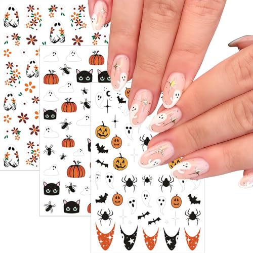 Halloween Cat Ghost Nail Stickers - 6 Sheets Self-Adhesive Nail Art Decals