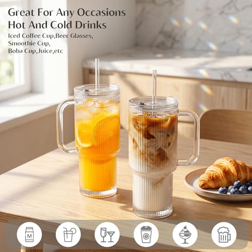 24 oz Ribbed Glass Tumbler with Handle - 4 Pack, Spill-Resistant, Durable Iced Coffee Cups