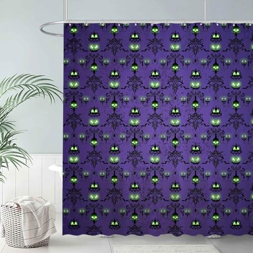 Halloween Purple Haunted House Shower Curtain - Spooky Skull & Pumpkin Design, Waterproof Fabric, 72 x 72 Inches