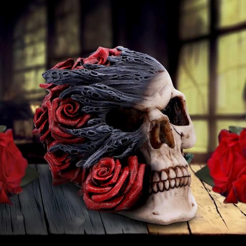 Gothic Skull Figurine with Red Roses and Black Smoke - Hand-Painted Resin Decor