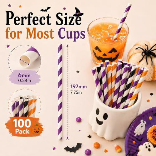 Paper Drinking Straws Set - Orange, Black, Purple for Halloween & Parties - 100 Pack