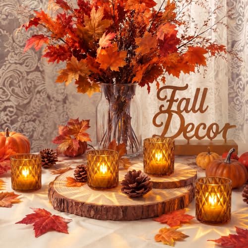 Burnt Orange Fall Decor Flameless Votive Candles 12Pcs - Halloween & Seasonal Indoor Ambience
