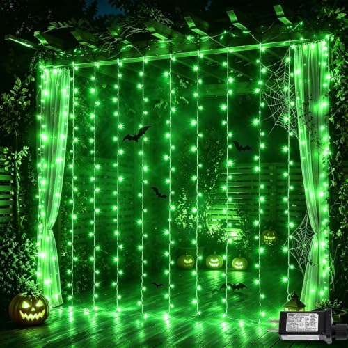 Green Halloween LED Curtain Lights - 300 LEDs, 8 Modes, Waterproof, 9.8x9.8ft, Connectable