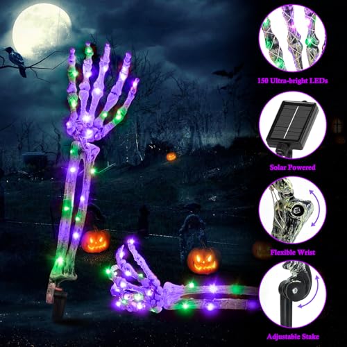 5-Pack Outdoor Halloween Skeleton Arm Stakes with Green & Purple LEDs - Solar Lighted Decor