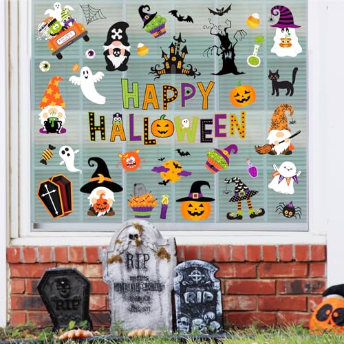 Halloween Window Clings - 9 Sheets, Reusable Cartoon Pumpkin Ghost Gnome Decorations