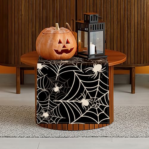Halloween Spider Web Table Runner - Black White Cobweb Design, 13''x48'' - Seasonal Dining Decor