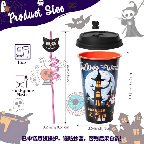48 Pack Halloween Party Cups with Lids & Silly Straws - Reusable Bulk Set