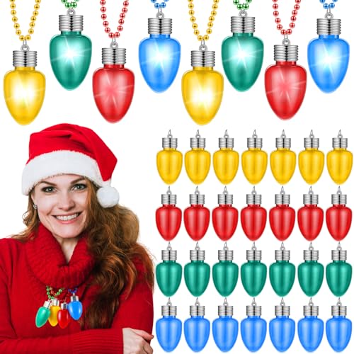 Christmas Light Up Necklaces Bulk Set - 24 LED Bulb Jewelry in Red Green Blue Gold - Party Favors & Decorations