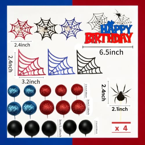 Spider Cake Topper - Superhero Theme Birthday Decor (Red) - 43-Piece Party Set