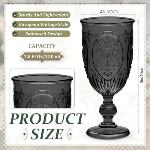 Plastic Wine Glasses Set - Vintage Black Goblets, 6 Pcs, 7.5 oz