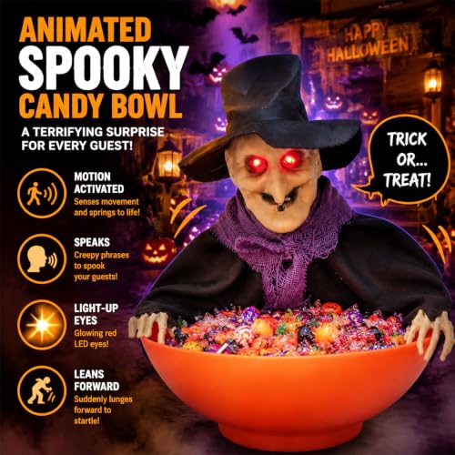 Animated Halloween Witch Candy Bowl with Moving Arms & Glowing Eyes